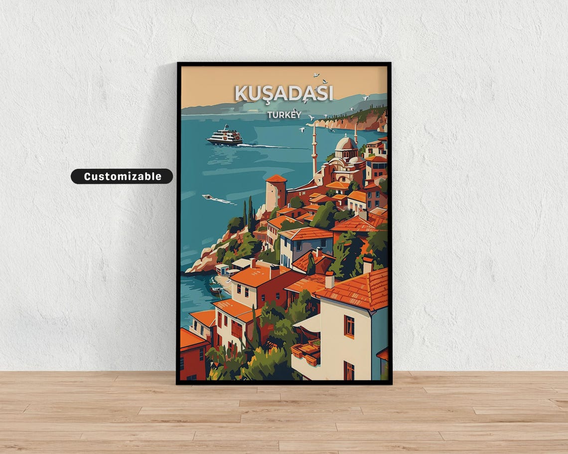 Kusadasi Turkey Harbor Travel Poster Aegean Coast Town Ferry Scene
