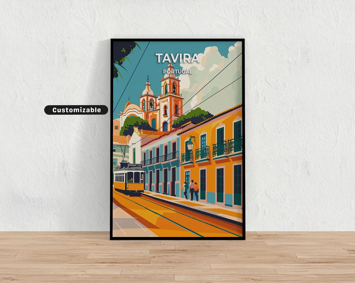 Tavira Portugal Vintage Tram Church Street Custom Travel Poster