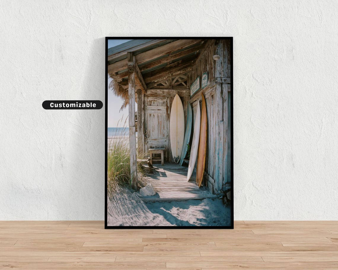 Weathered Surf Shack With Surfboards On The Beach Photo Print