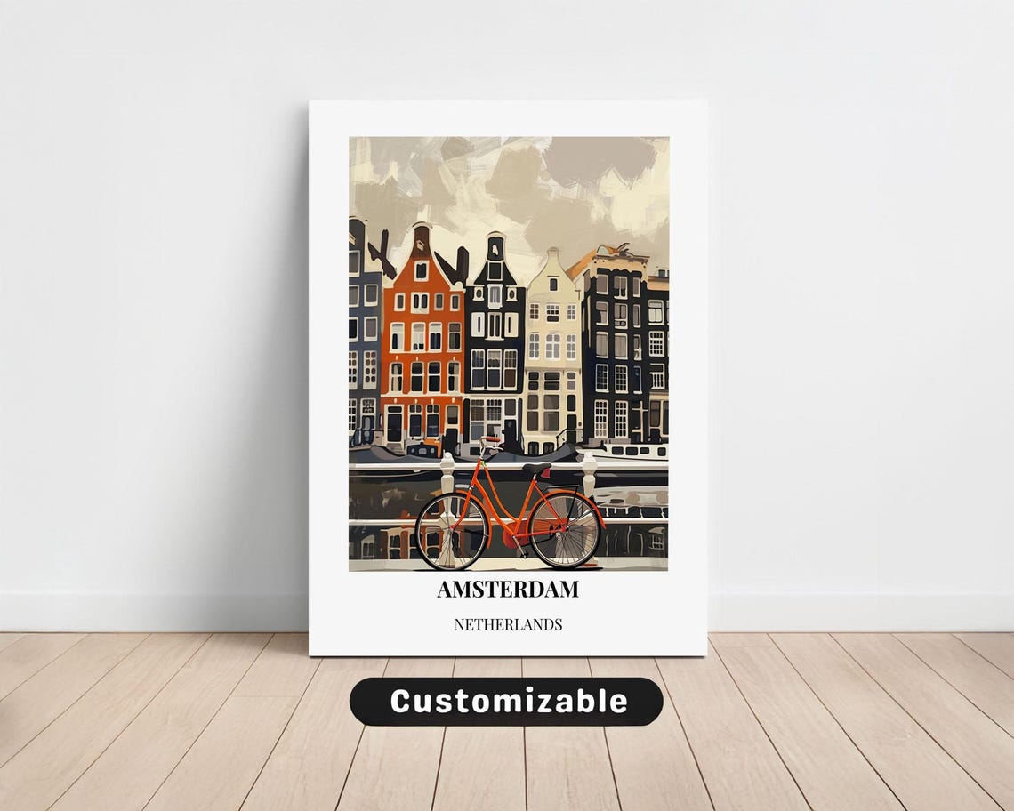 Amsterdam Netherlands Canal Houses Red Bicycle Vintage Travel Poster