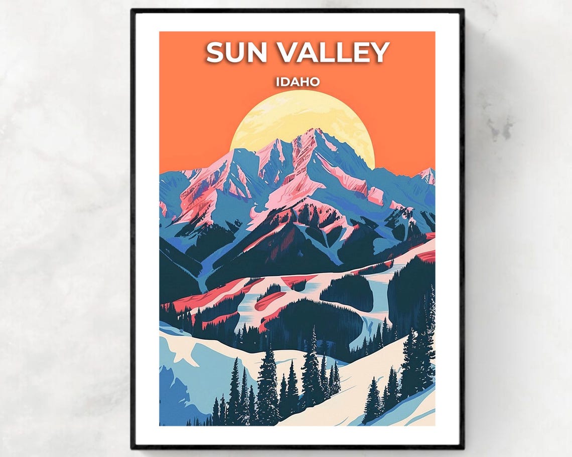 Sun Valley Idaho Orange Sunset Ski Mountain Peaks Travel Poster Art