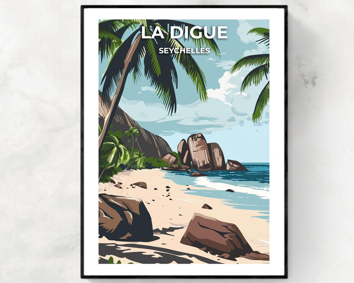 La Digue Seychelles Granite Boulders Beach Island Travel Poster