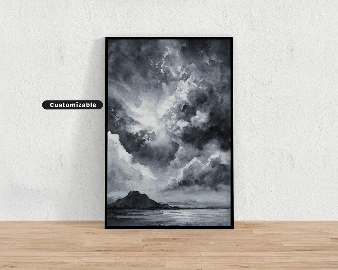 Grayscale Watercolor Dramatic Cloudy Sky Mountain Lake Poster
