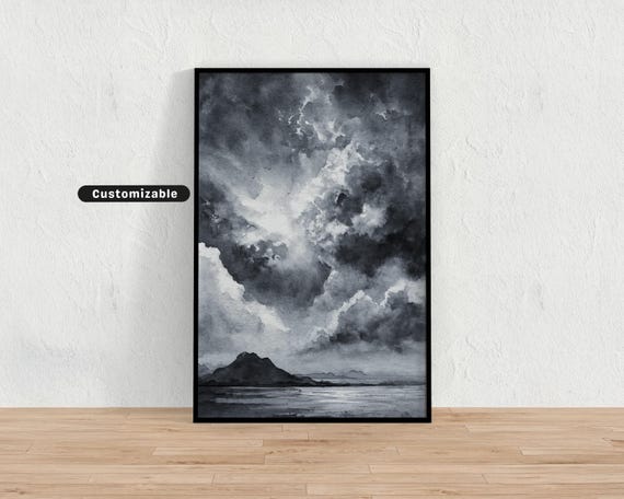 Grayscale Watercolor Landscape With Dramatic Sky Neutral Wall Art Print Minimalist Modern Decor