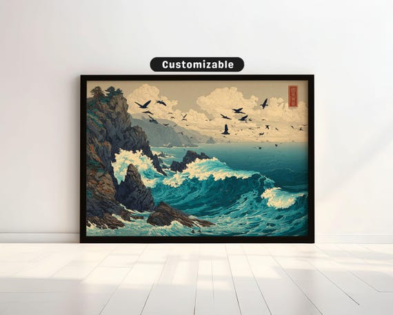 Japanese Coastline Cliffs With Breaking Waves And Birds Wall Art Print Zen Asian Decor
