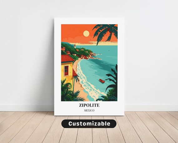 Zipolite Mexico Sunset Beach Coast Vintage Travel Art Poster
