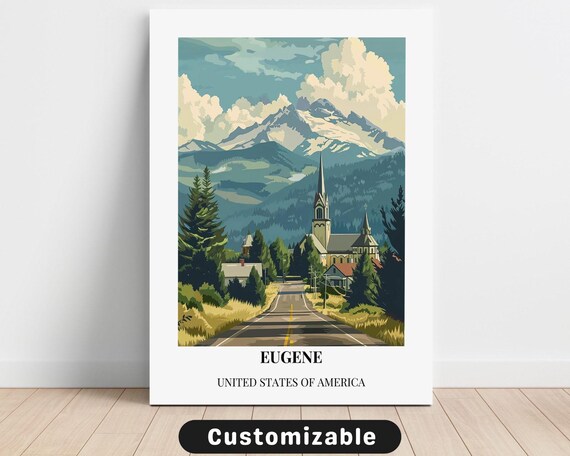Eugene USA Vintage Travel Poster Mountain Road Church Scenery