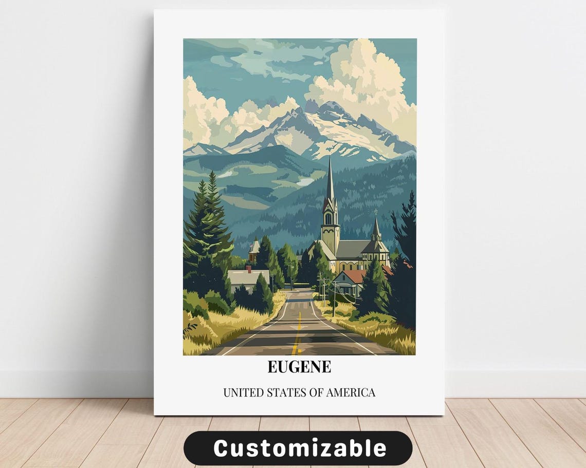 Eugene USA Vintage Travel Poster Mountain Road Church Scenery