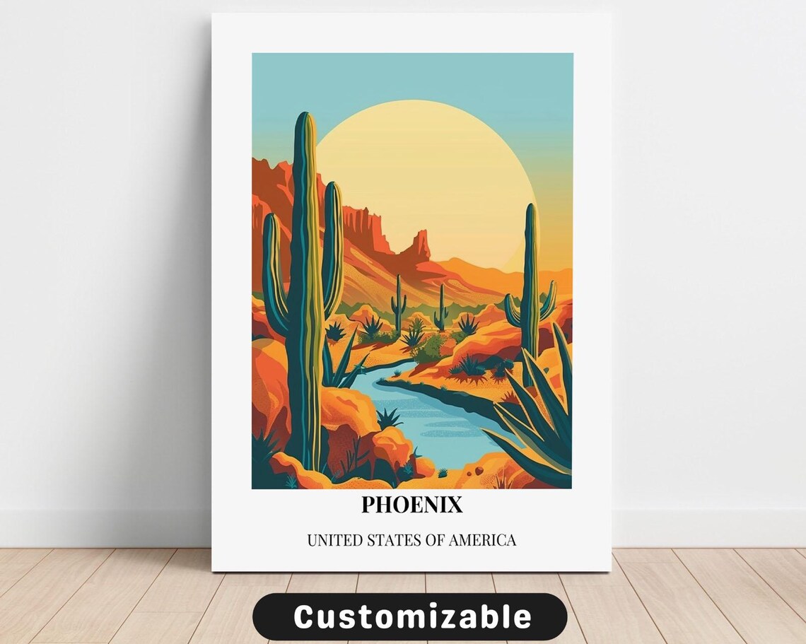Phoenix Arizona Desert Saguaro Cactus Sunrise Vintage Travel Poster