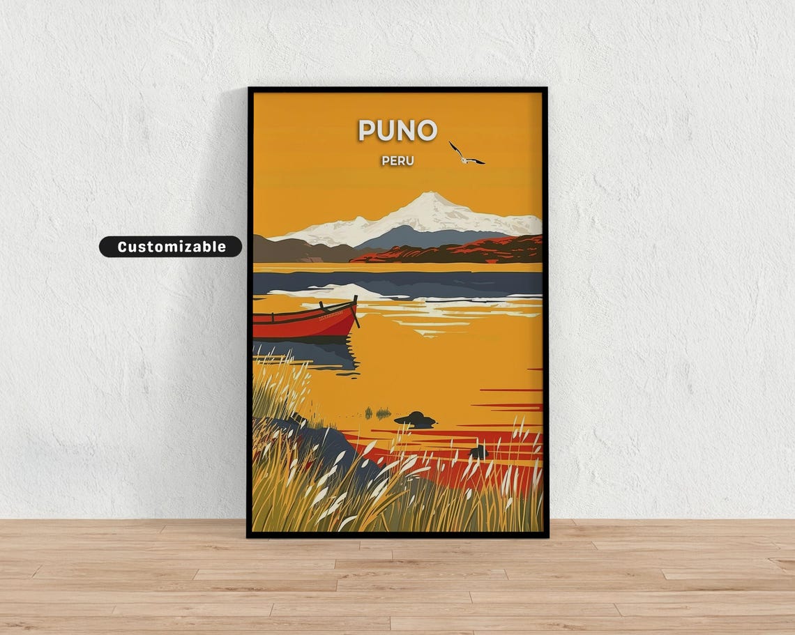 Puno Peru Lake Sunset With Red Boat And Mountain View Poster