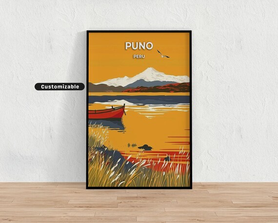 Puno Peru Lake Sunset With Red Boat And Mountain View Poster