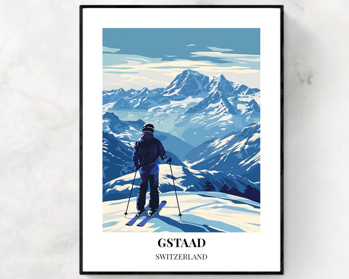 Gstaad Switzerland Blue Dawn Alpine Ridges Skier View Poster