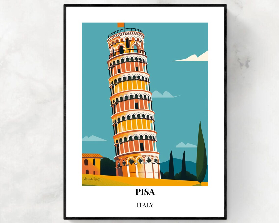 Pisa Italy Leaning Tower Colorful Illustration Travel Poster
