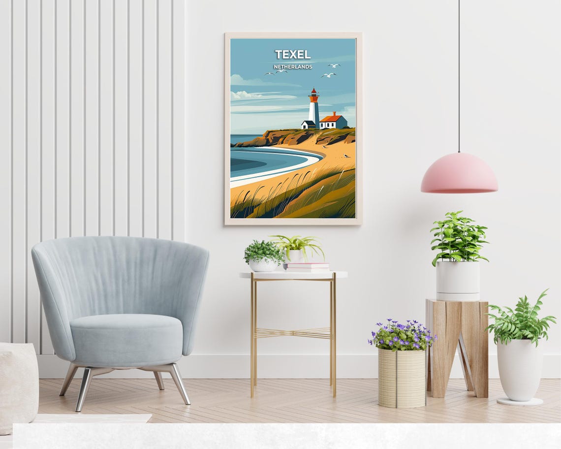 Texel Netherlands Lighthouse Beach Dunes Seagulls Scenic Poster - Image 2