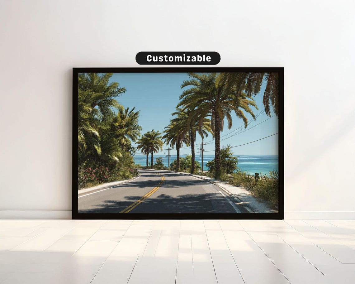 Palm Lined Coastal Road Ocean View Sunny Drive Scenic Photo Poster