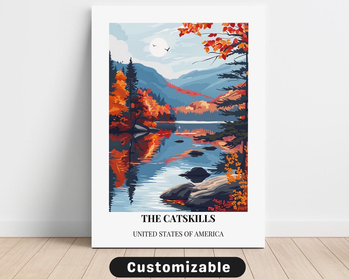 The Catskills New York Fall Foliage Lake Vintage Travel Poster Art