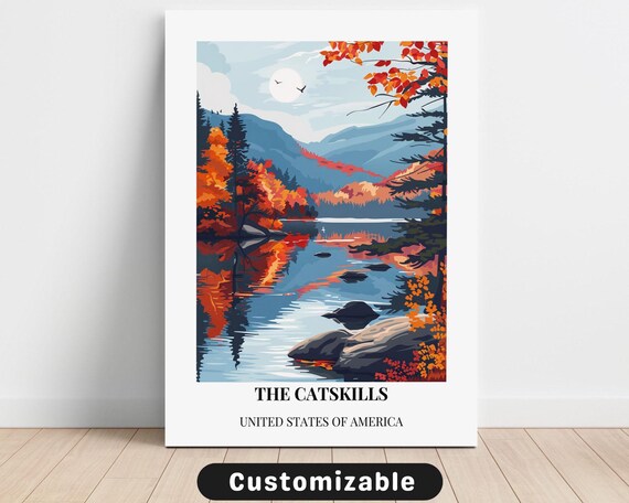 The Catskills New York Fall Foliage Lake Vintage Travel Poster Art