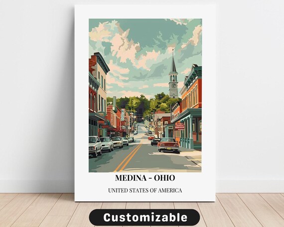 Medina Ohio Retro Travel Poster With White Border Custom Art