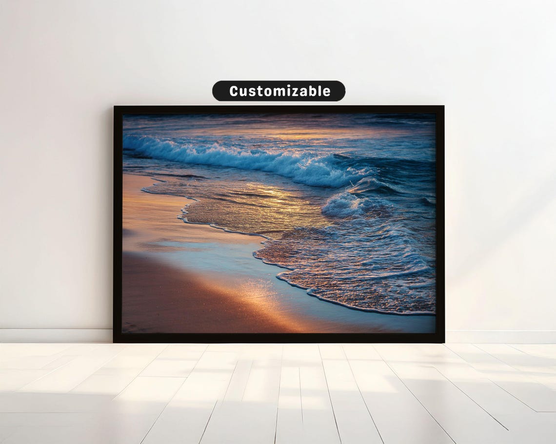 Golden Sunset Ocean Waves on Sandy Shore Coastal Photo Poster