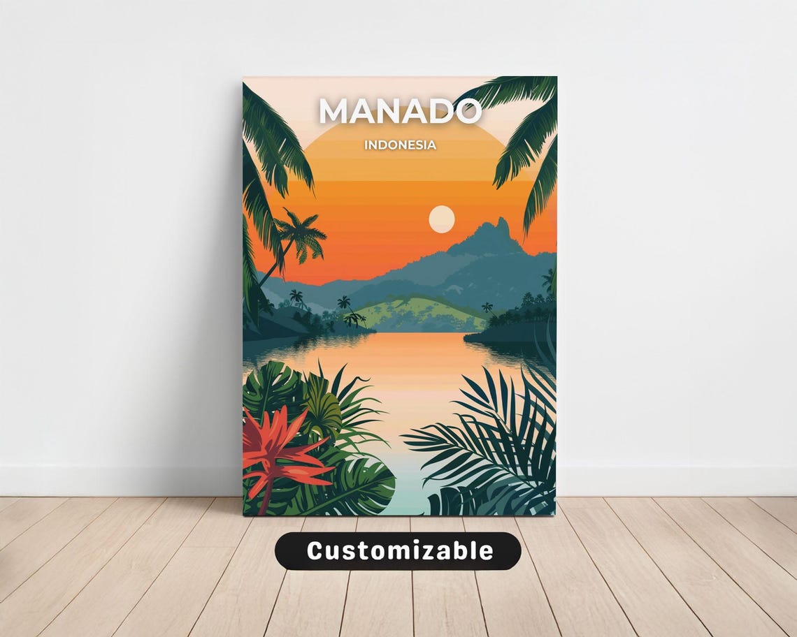 Manado Indonesia Tropical Sunset Palm Paradise Travel Poster