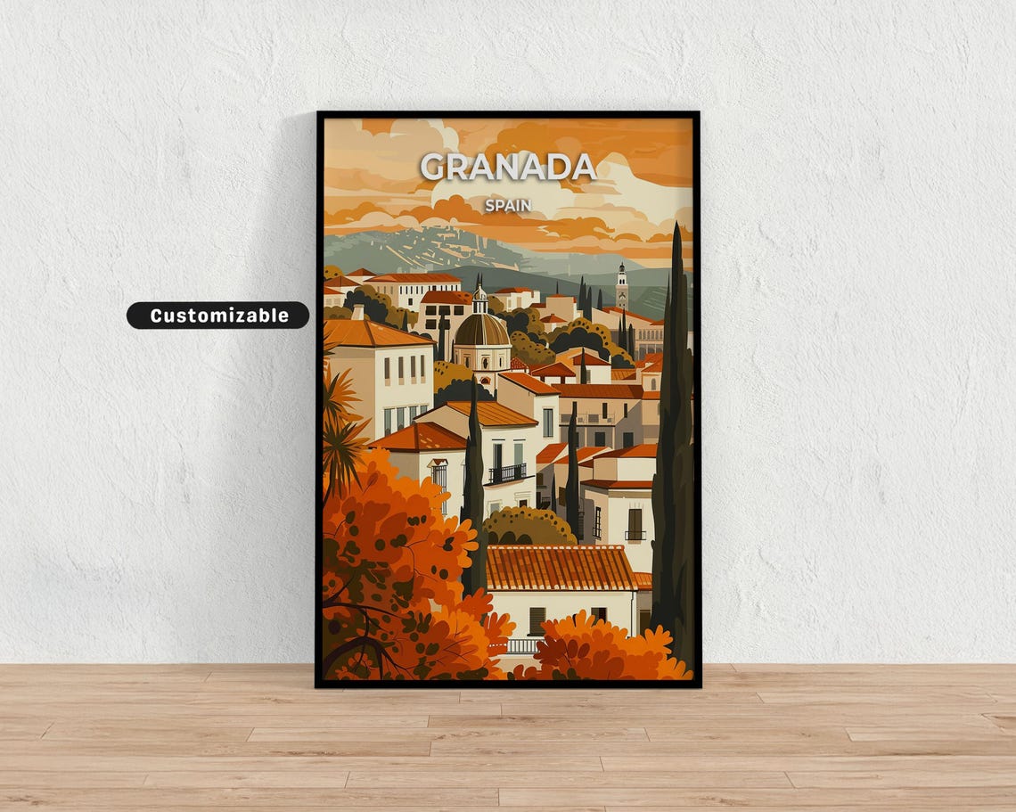 Granada Spain Sunset Rooftops Old Town Illustrated Travel Poster