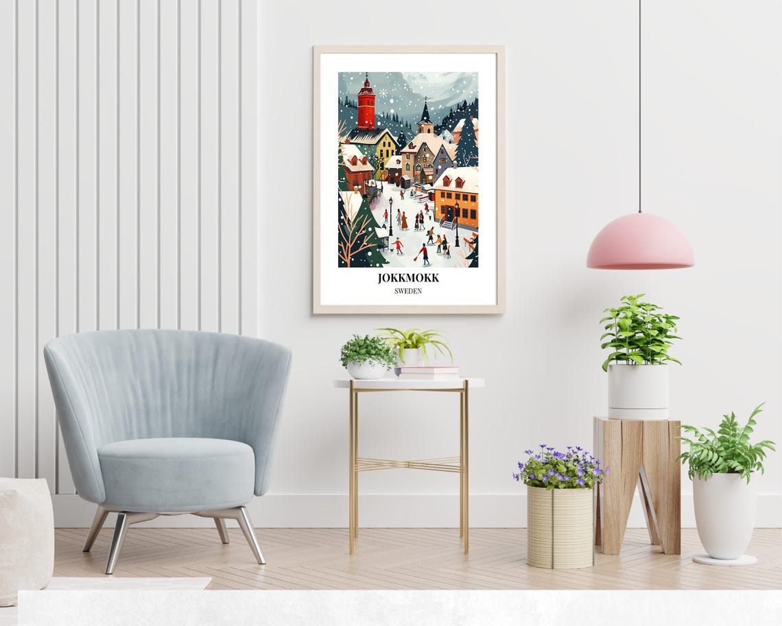 Jokkmokk Sweden Snowy Town Square Winter Night Market Scene Poster - Image 2