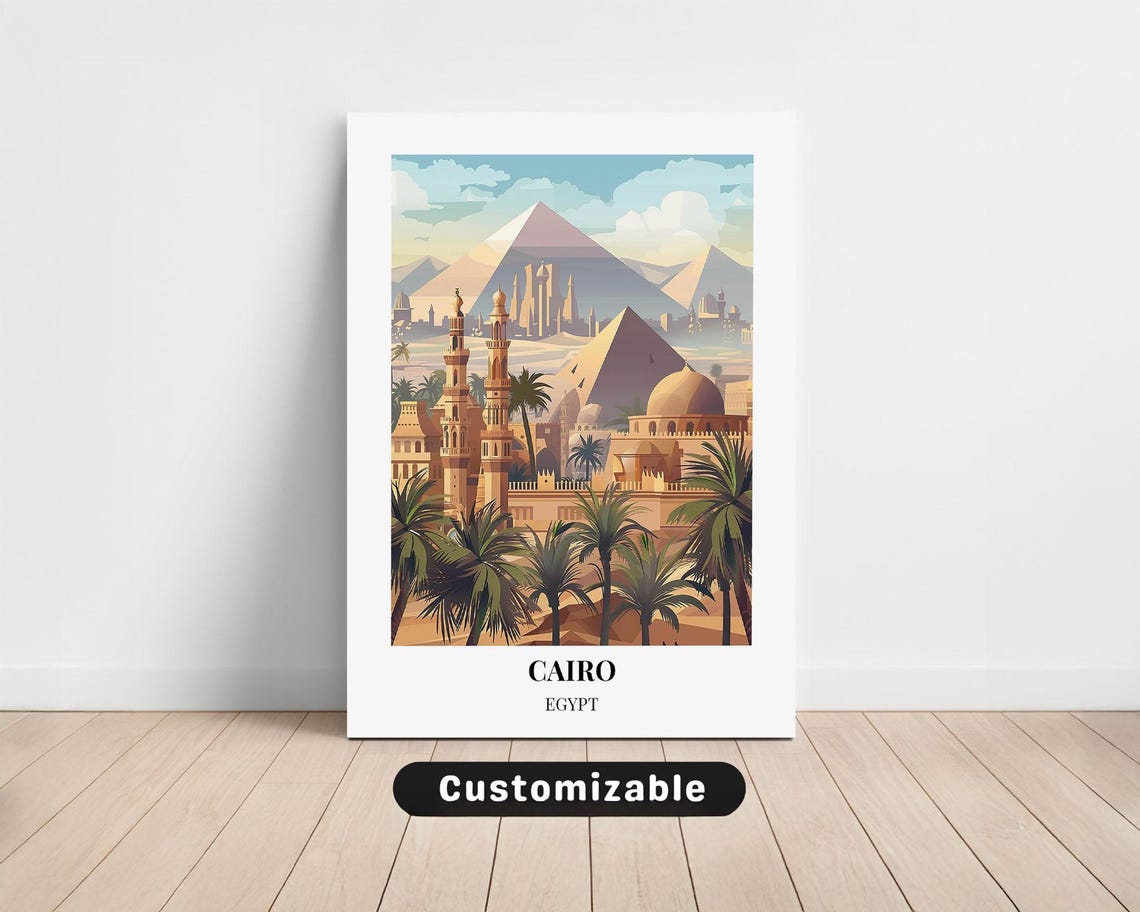 Cairo Egypt Mosques Pyramids Palm Trees Sunset Vintage Travel Poster