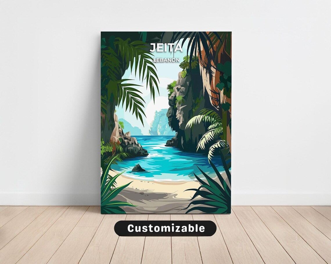 Jeita Lebanon Travel Poster with Tropical Cove and Palm Tree Frame
