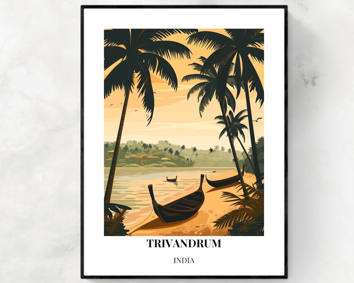 Trivandrum India Golden Beach Palms Fishing Boats Travel Poster