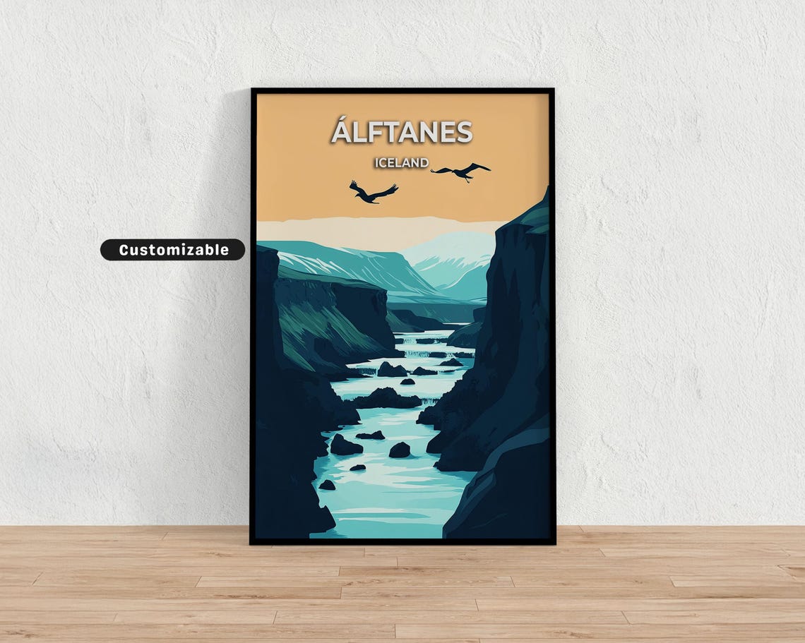 Álftanes Iceland River Canyon with Bird Flight Custom Travel Poster