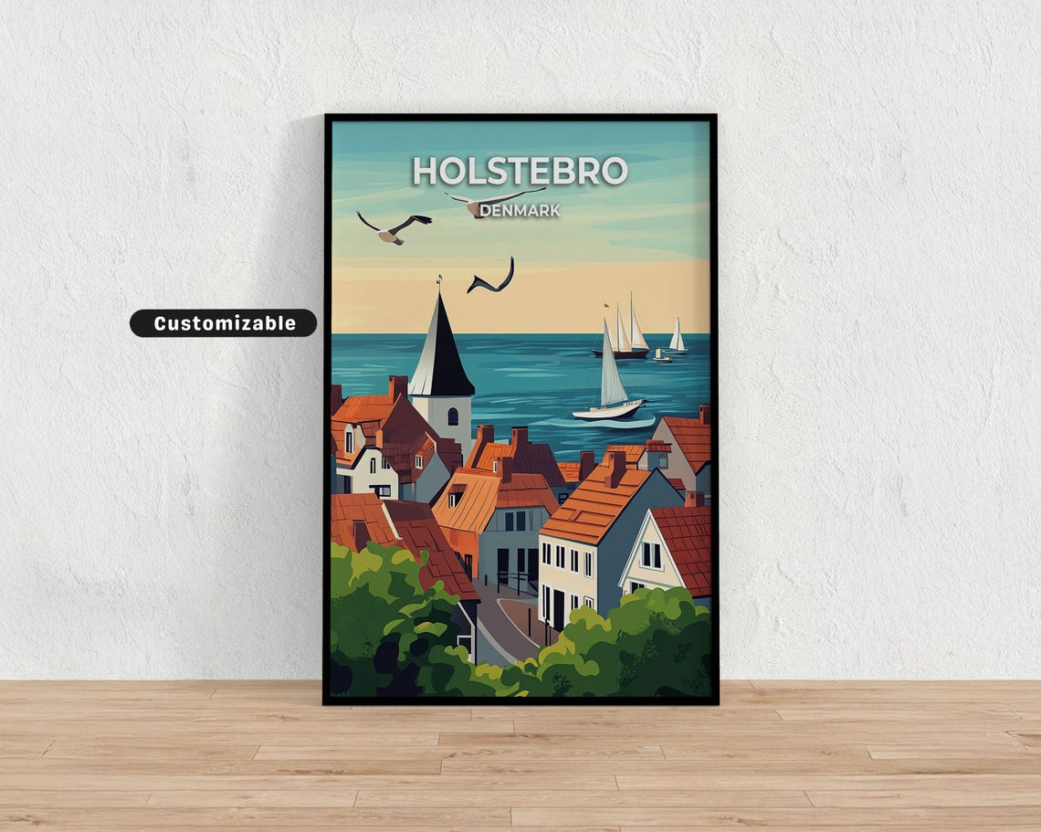 Holstebro Denmark Town Rooftops Sailboats Retro Travel Poster