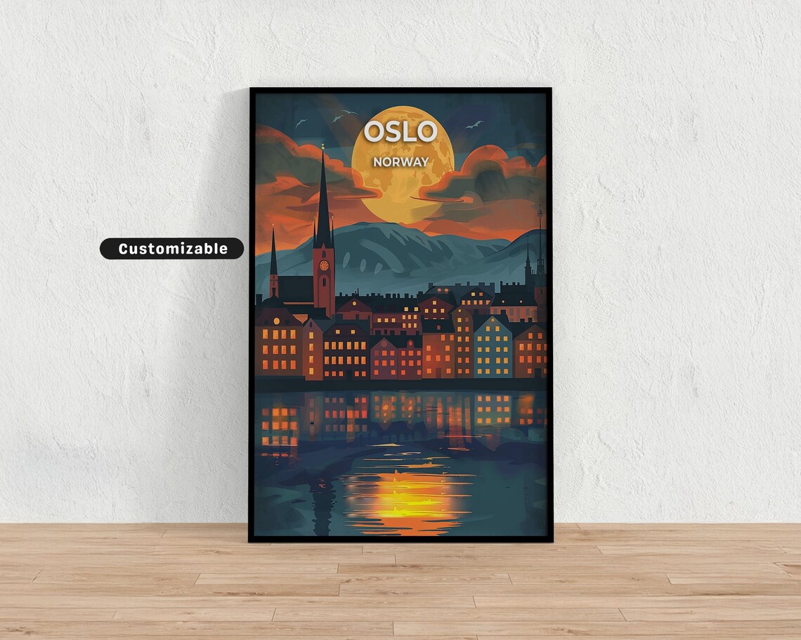 Oslo Norway Moonlit Waterfront Night Scene Illustrated Travel Poster