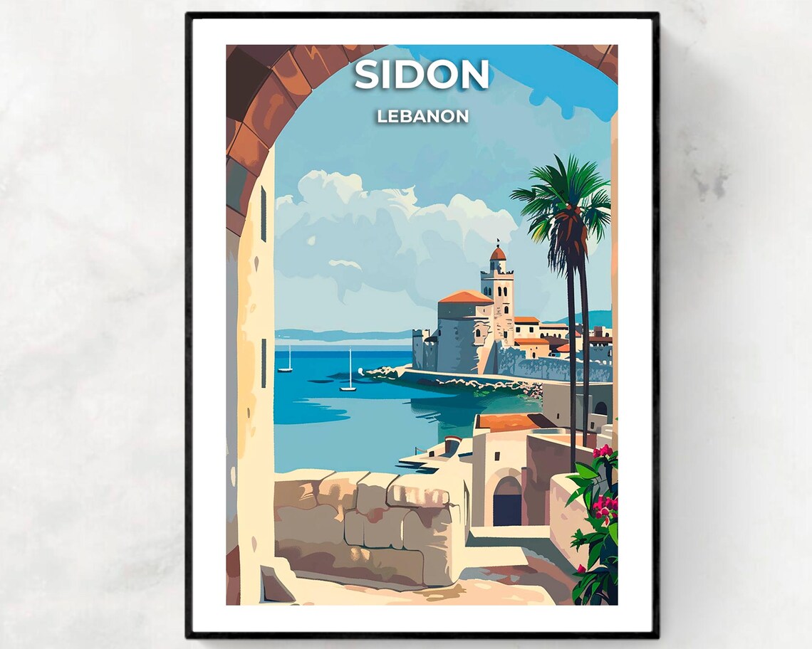 Sidon Sea Castle Through Stone Arch Lebanon Coast Travel Poster