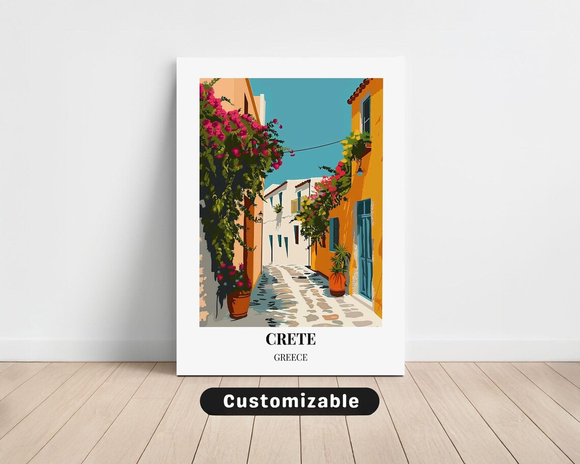 Crete Greece Flower Lined Village Street Vintage Travel Poster Art