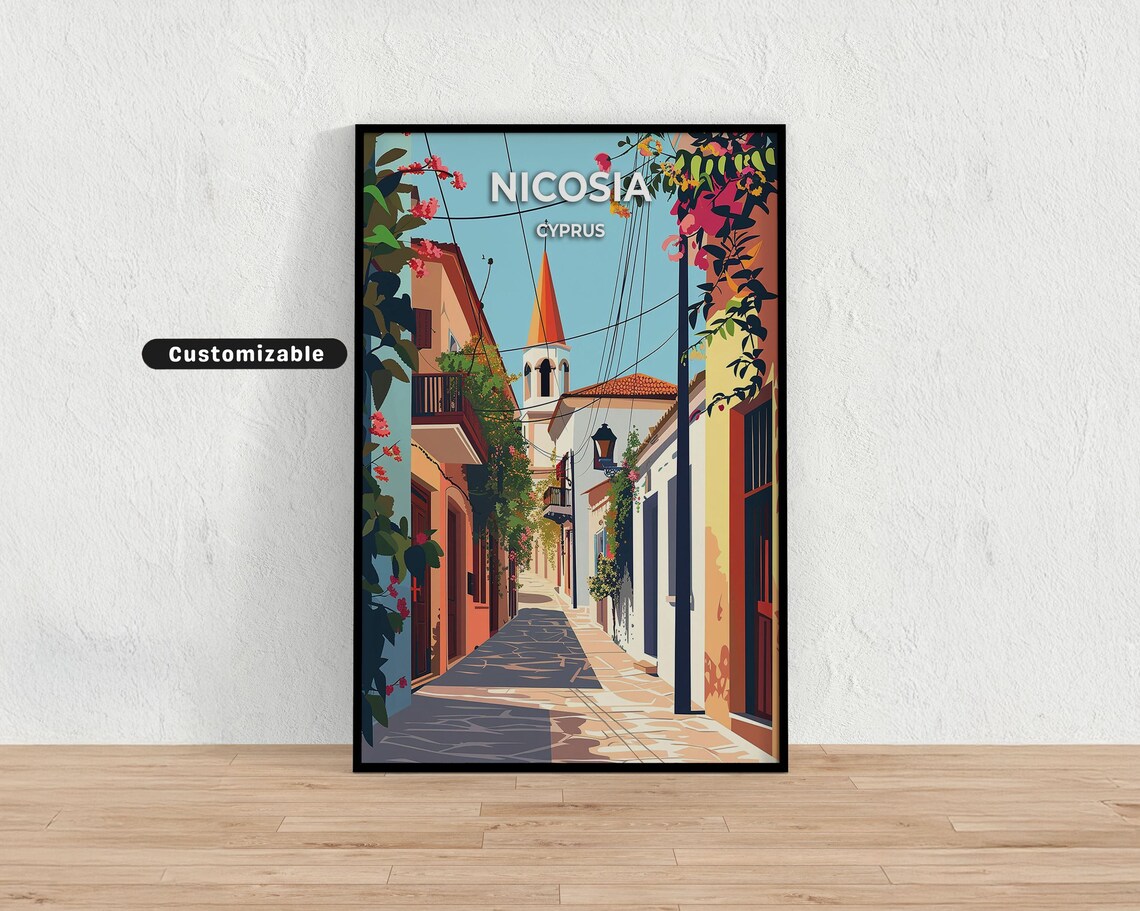Nicosia Cyprus Old Town Street Bougainvillea Custom Travel Poster
