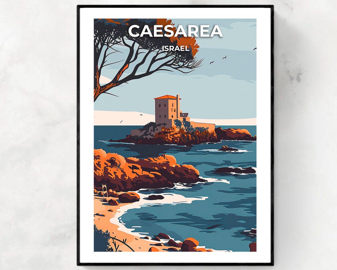 Caesarea Israel Cliff Castle Beach Golden Sunset Waves Poster