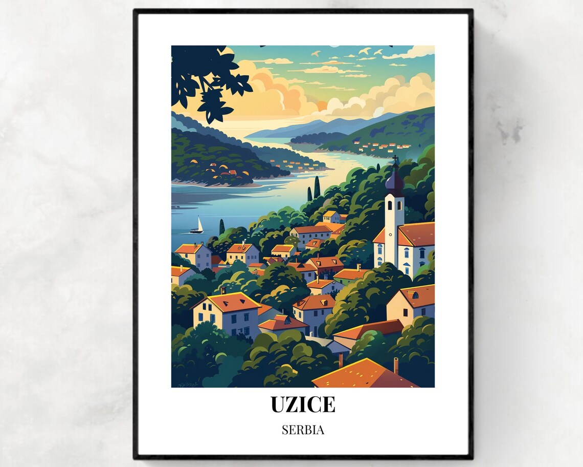 Uzice Serbia Riverside Old Town Hillside Vintage Travel Poster
