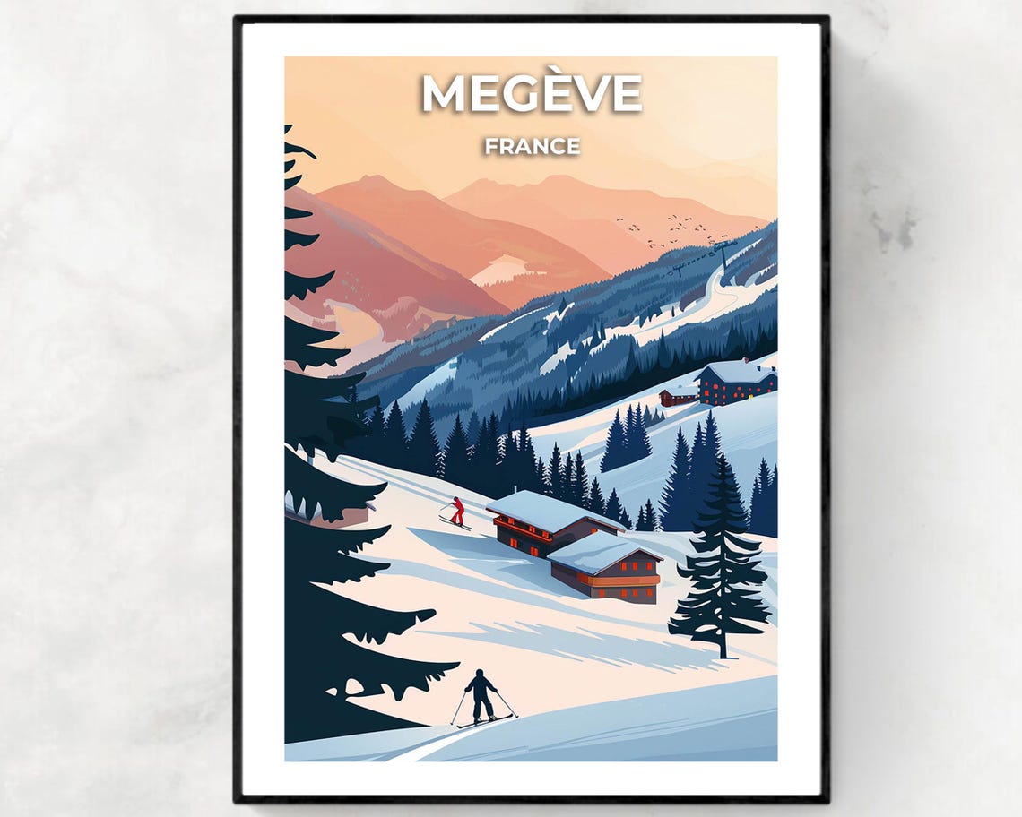 Megève France Ski Chalets Twilight Slopes Alpine Travel Poster Art