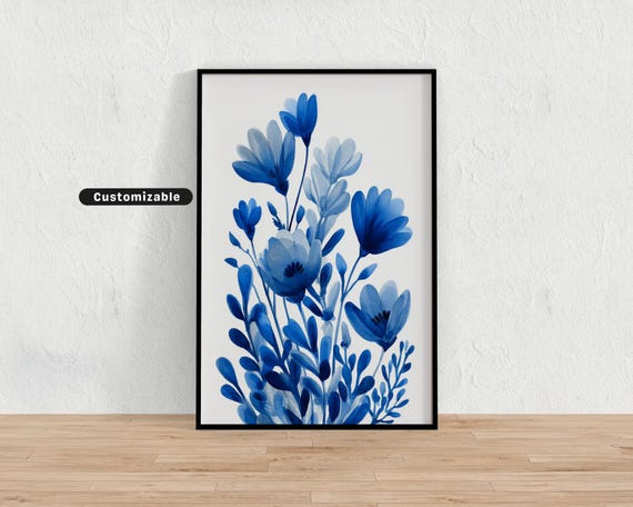 Minimalist Blue Floral Illustration In Vintage Botanical Style White Background Neutral Wall Art Print Modern Decor