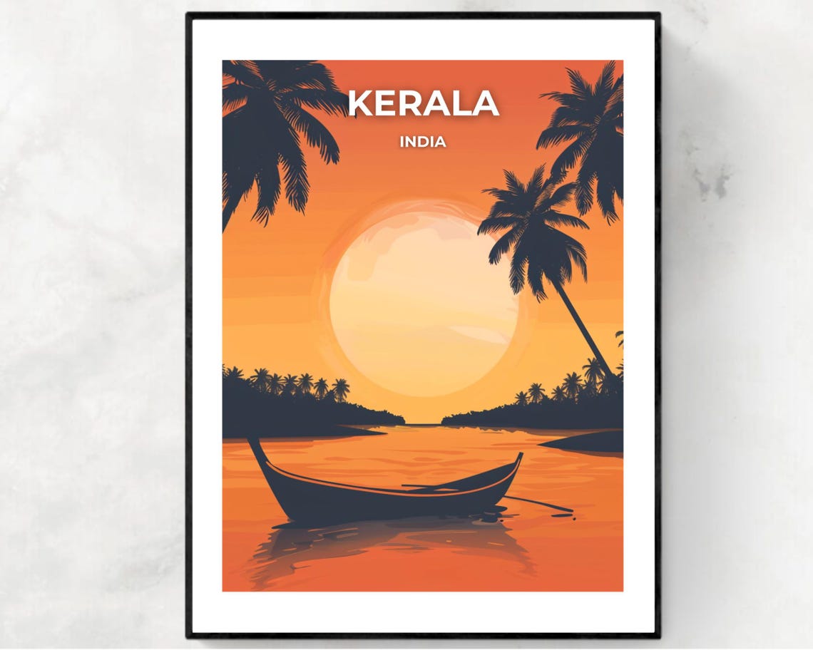 Kerala India Backwater Sunset Lone Canoe Silhouette Travel Poster