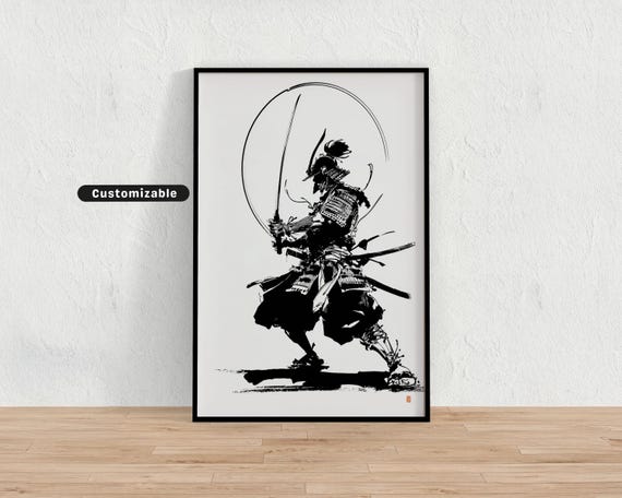 Stylized Ink Drawing Of Samurai With Katana In Battle Stance Japanese Wall Art Print Zen Asian Decor