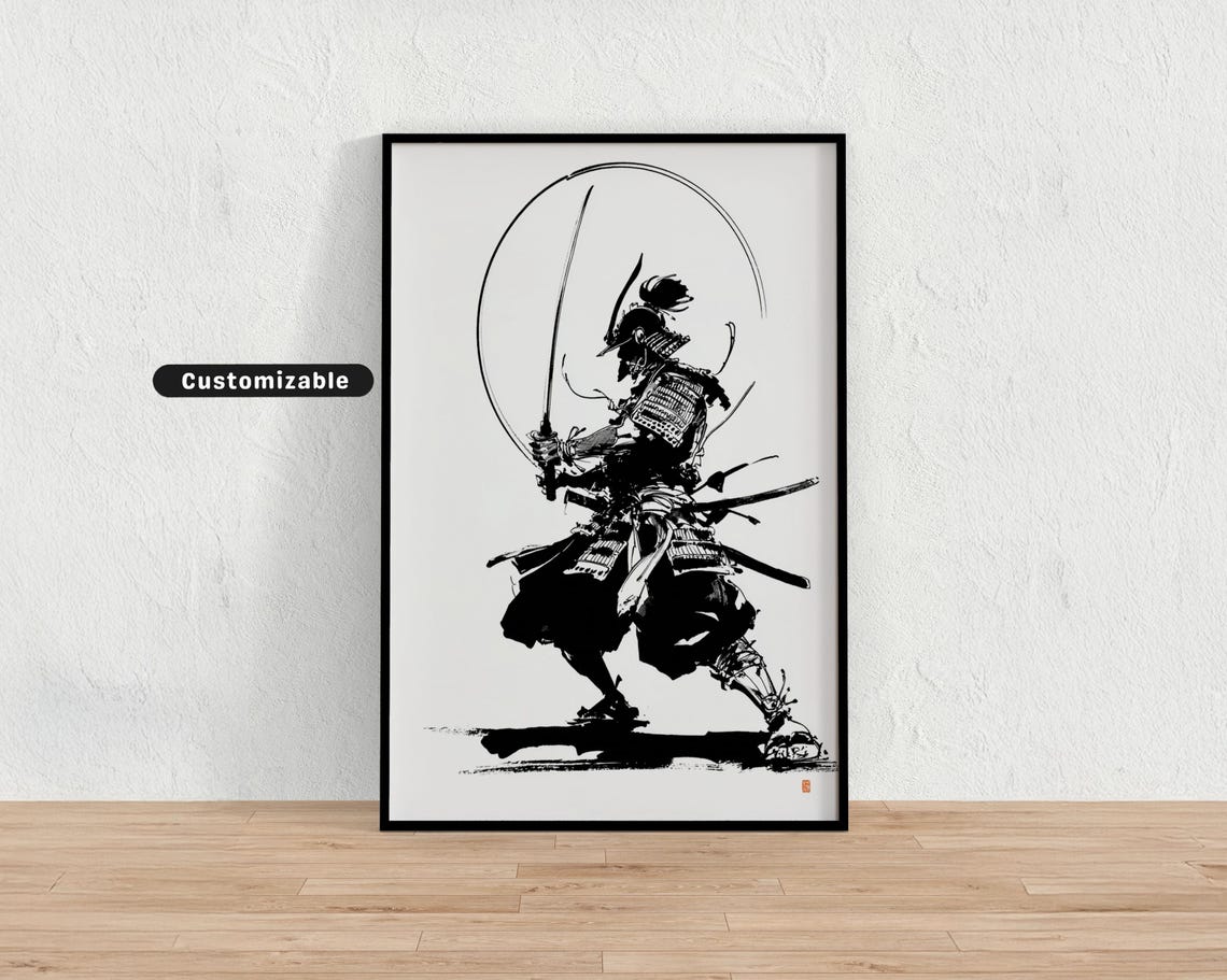 Stylized Ink Drawing Of Samurai With Katana In Battle Stance Japanese Wall Art Print Zen Asian Decor
