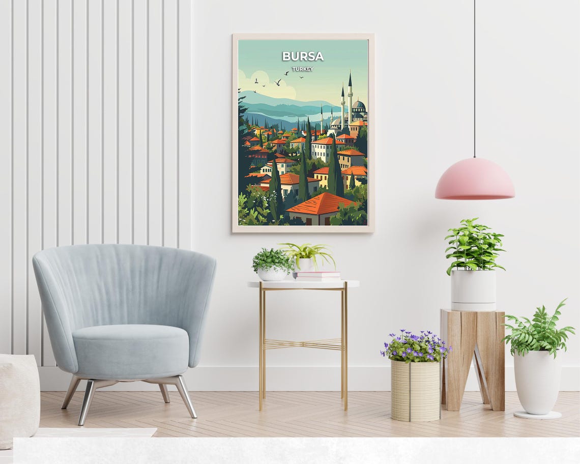 Bursa Turkey Mosque Skyline Cypress Vintage Travel Illustration Poster - Image 2