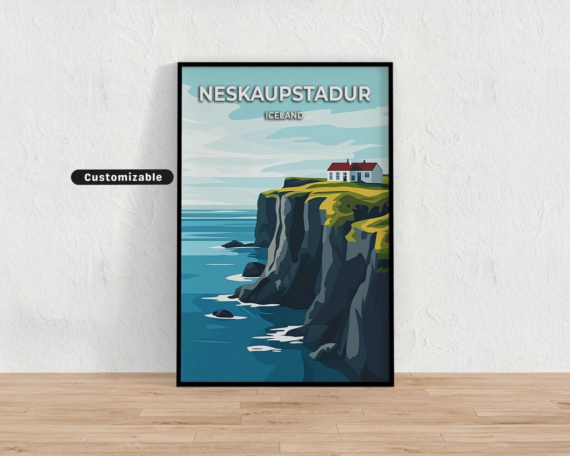 Neskaupstadur Iceland Sea Cliffs Cliffside House Travel Poster