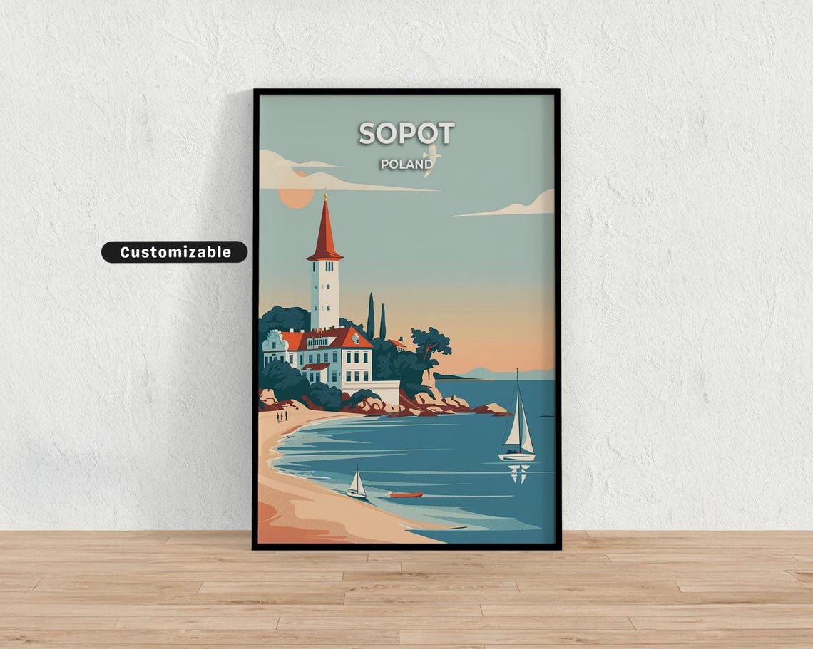 Sopot Poland Travel Poster Beach Lighthouse Red Spire Vintage Europe