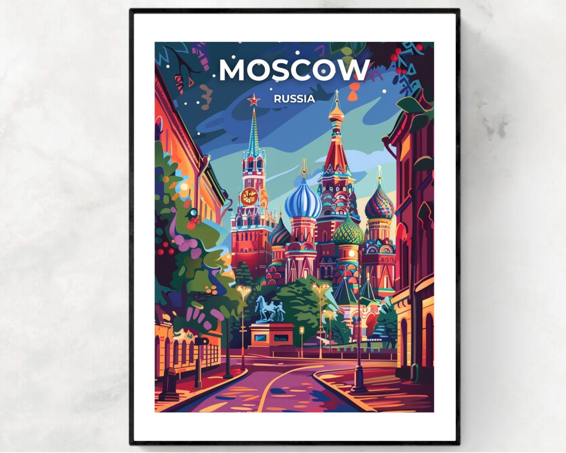 Moscow Russia Nighttime Red Square Landmark Travel Poster Illustrated
