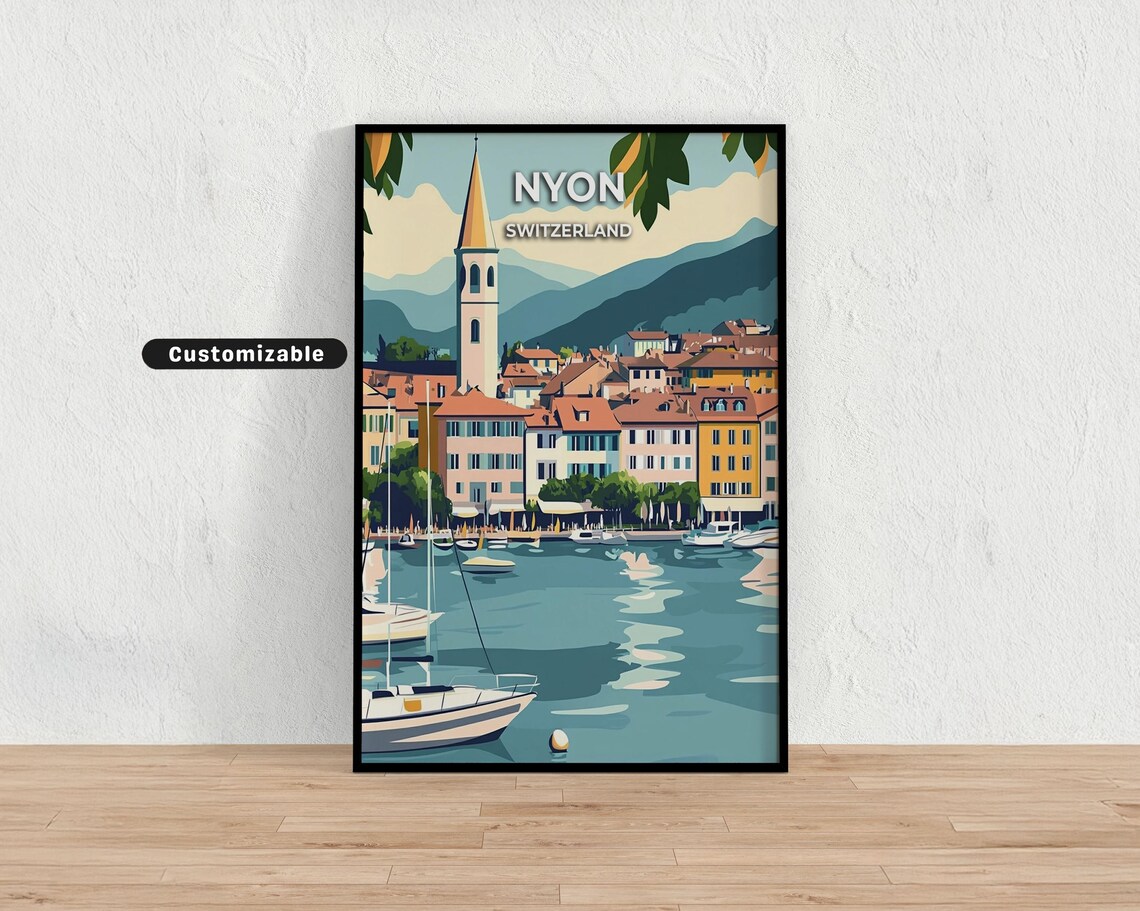 Nyon Switzerland Harbor Sailboats and Church Steeple Travel Poster