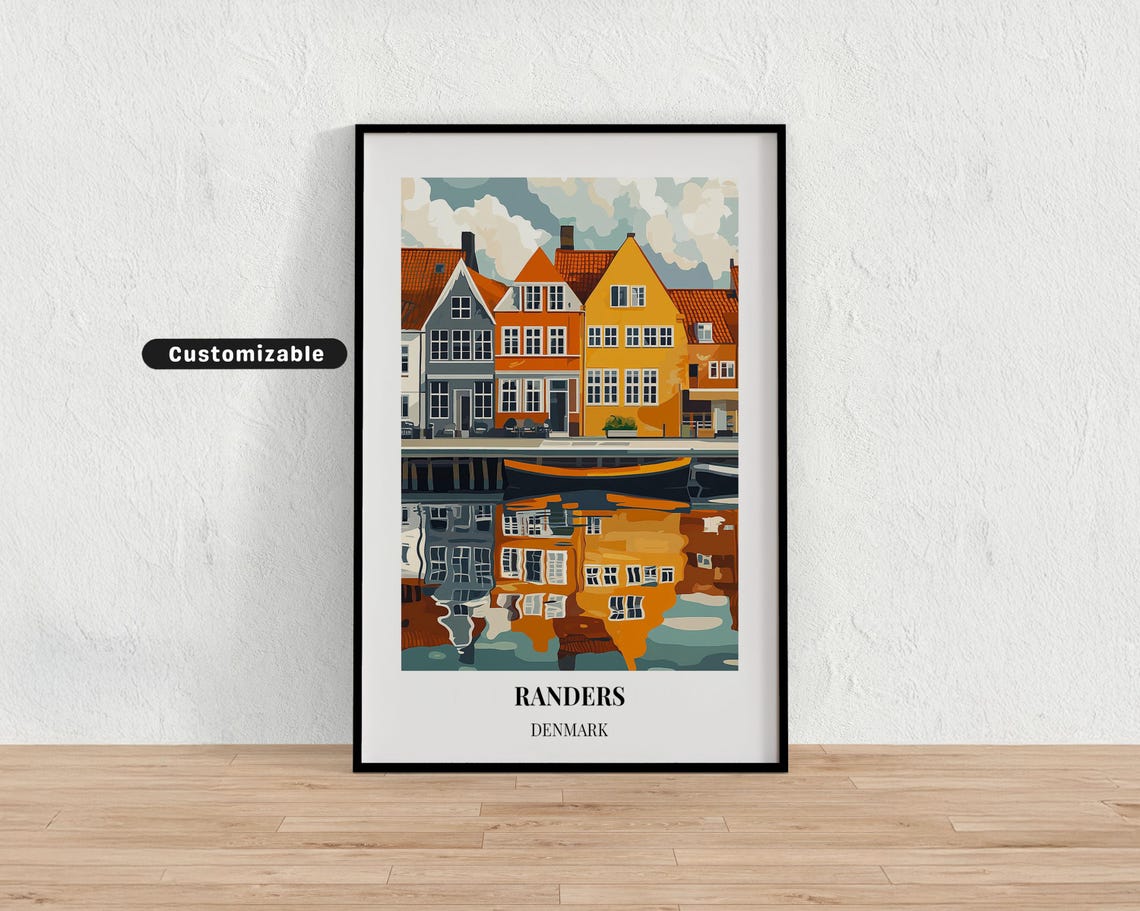 Randers Denmark Colorful Harbor Houses Reflection Art Travel Poster