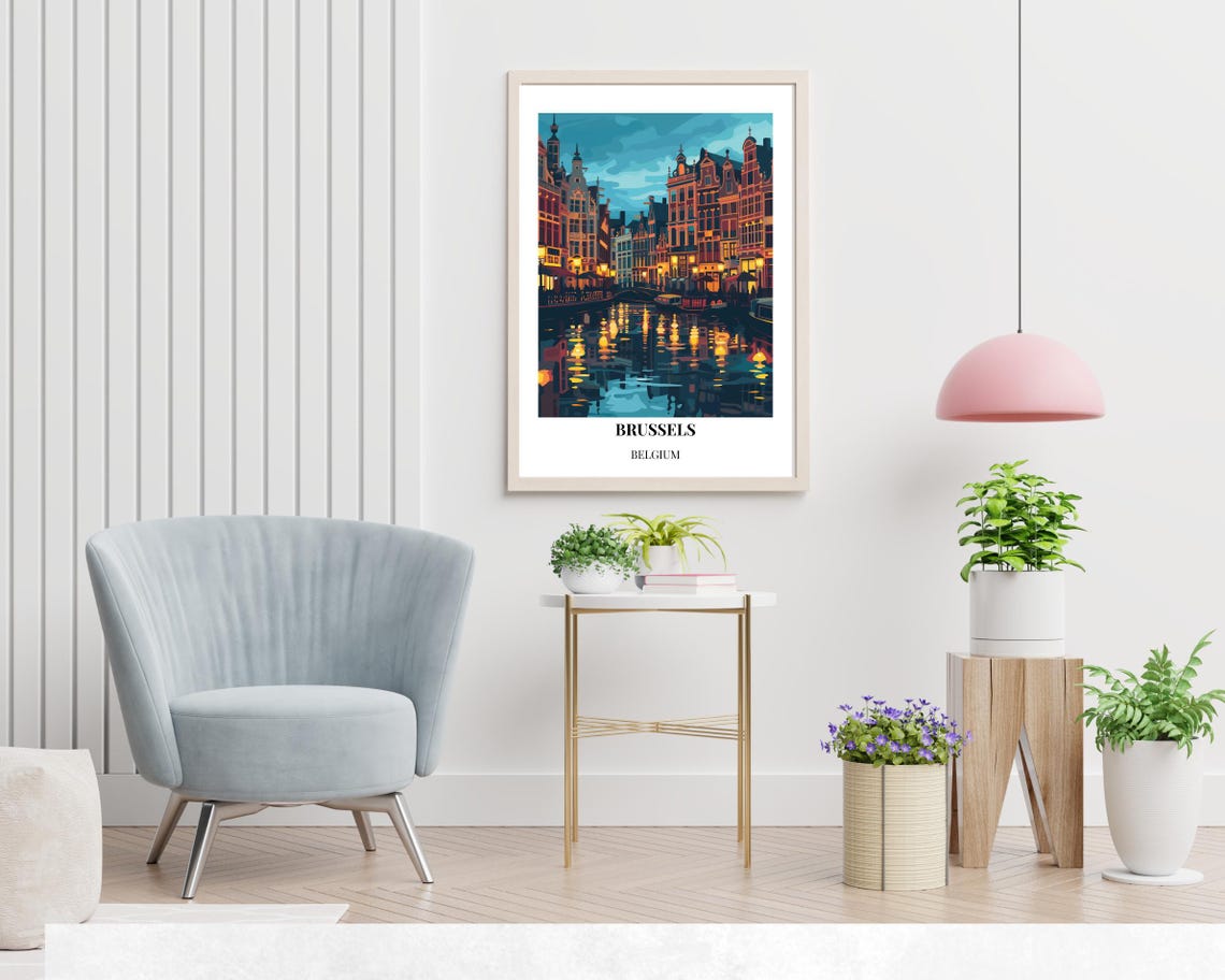 Brussels Belgium Canal Night Lights Old City Vintage Travel Poster - Image 2