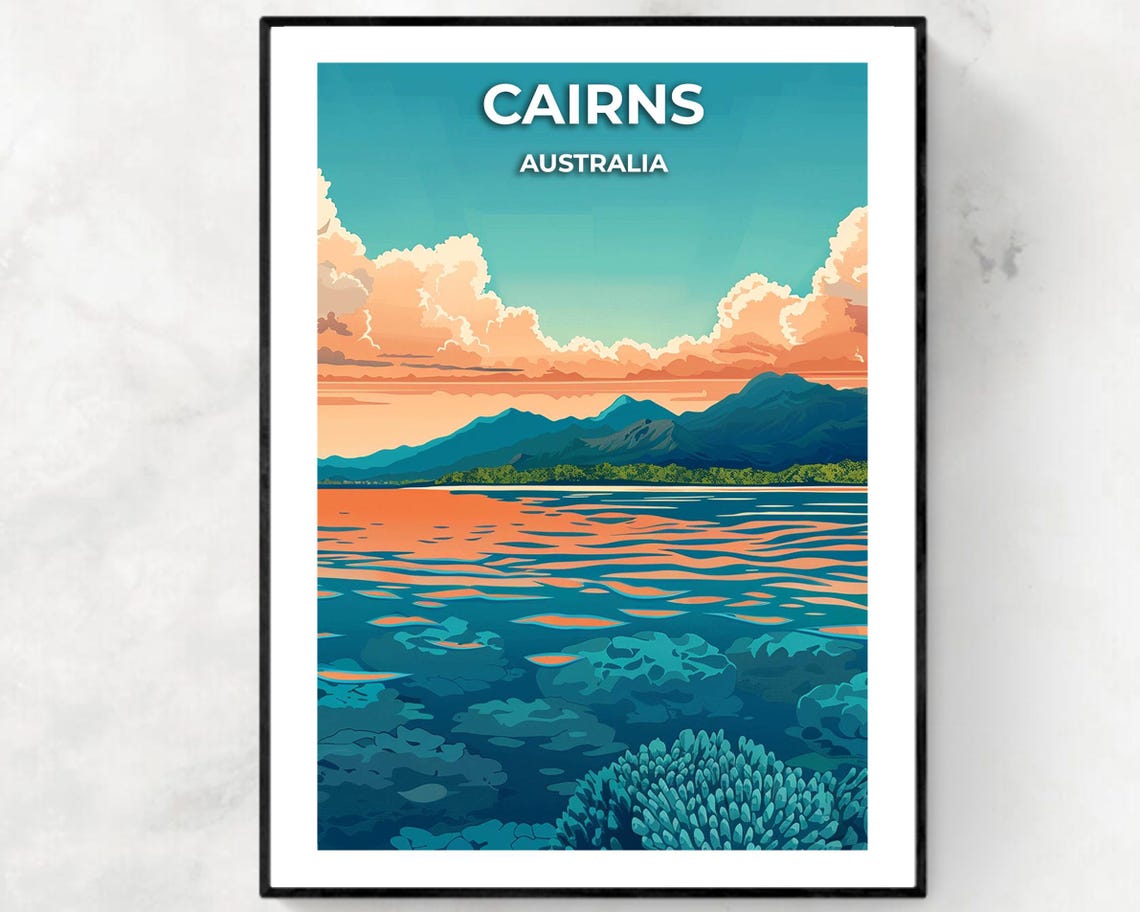 Cairns Australia Coral Reef Sunset Ocean Waves Scenic Art Poster